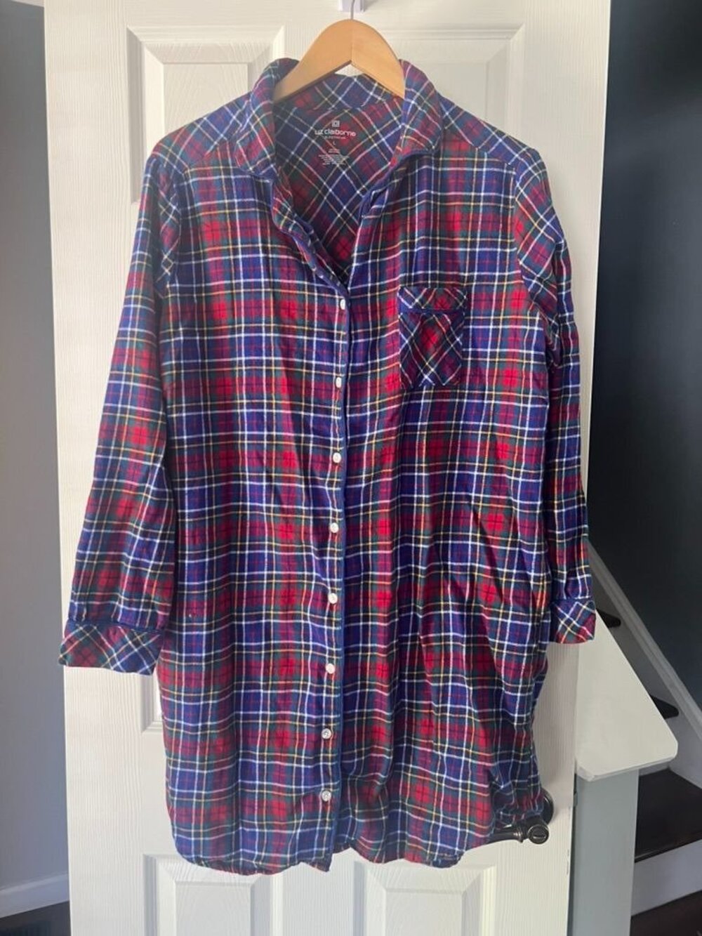 Liz Claiborne Plaid Flannel Shirt Womens Large Red Blue Sleepwear